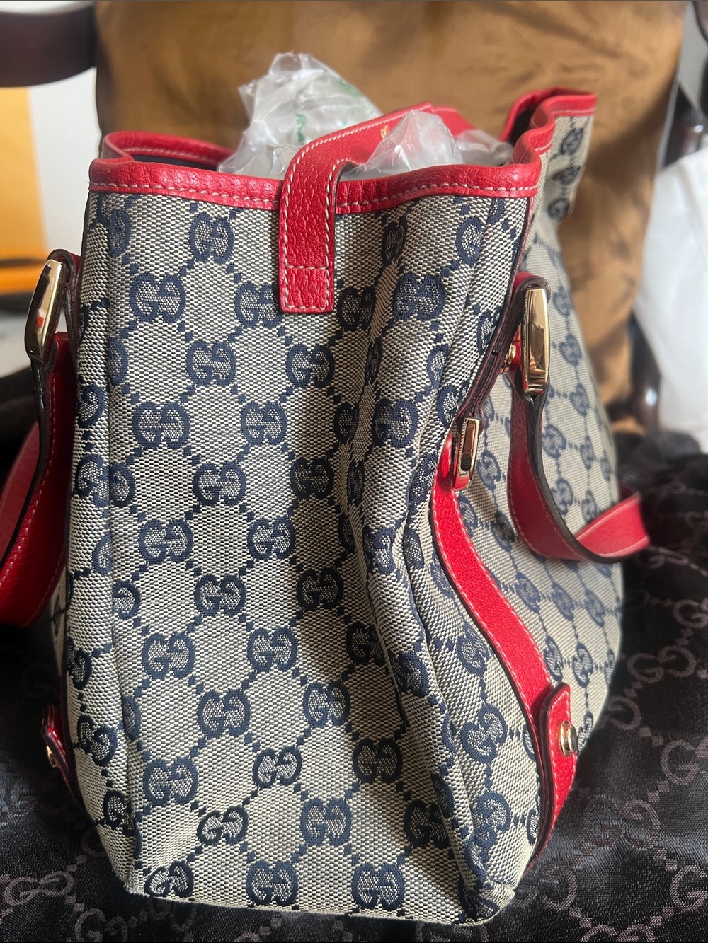 Gucci Beige with blue GG Canvas Shoulder Bag with Red Leather Trim. - Picture 4 of 8